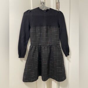 Stylish Black Plaid Wool Blend Flare Dress with Puffy Sleeves and Side Pockets